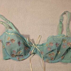 Knickerbox Teal Sheer Floral Embroidered Underwire Bra 32C FUC Sexy Pretty Cute!